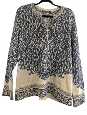 Peruvian Connection Cream and Blue Print Alpaca Pima Cotton Sweater